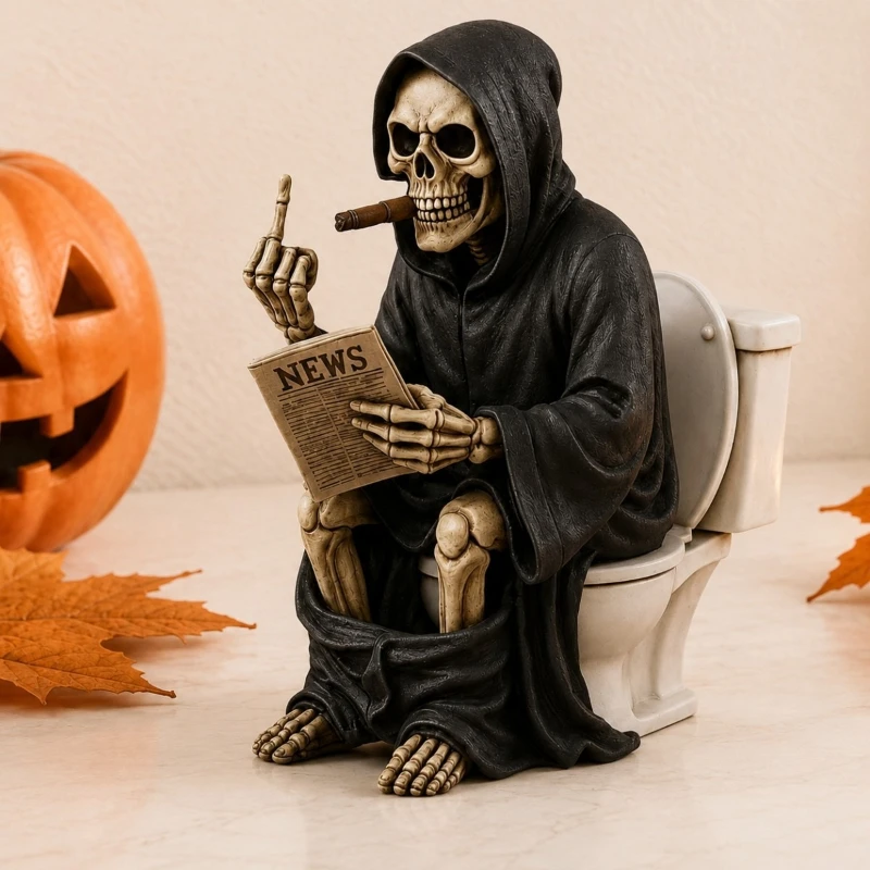 Resin Grim Reaper Figurine Middle Finger Statue Halloween Bathroom Decor Funny Skeleton Ornament for Desk Shelf Gift