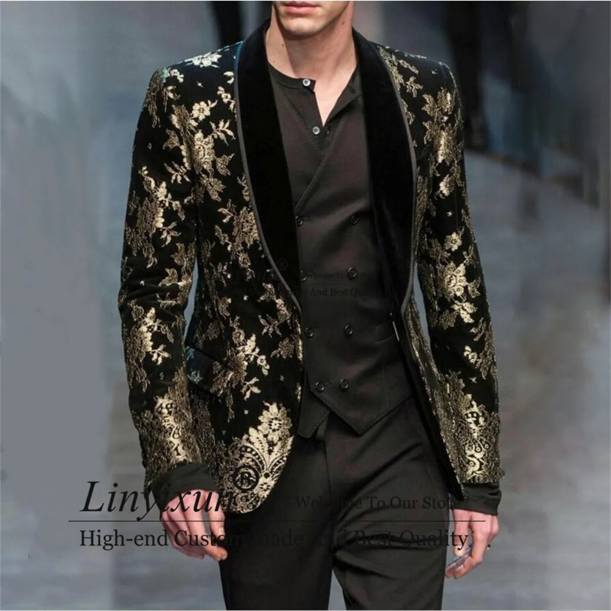 Fashion Men's Wedding Suits Gold Embroidered Velvet Shawl Lapel Groom Tuxedo 3 Pieces Sets Male Prom Dance Blazers Costume Homme