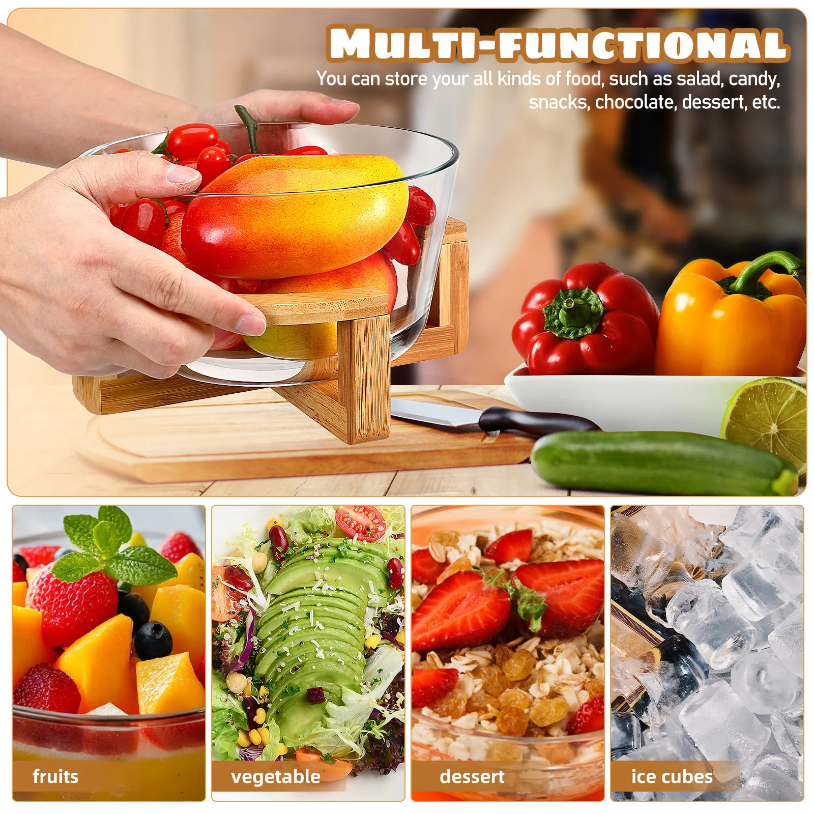 

1Set Heat Resistant Glass Bowl Wooden Base Salad Serving Versatile Mixing Container Glass Salad Bowl Ice Storage Tank