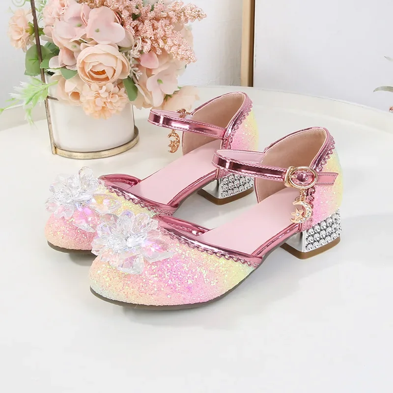 Girls Sandal Crystal Flower Children's High Heels New Summer Kids Casual Fashion Sequin Princess Dance Performance Leather Shoes