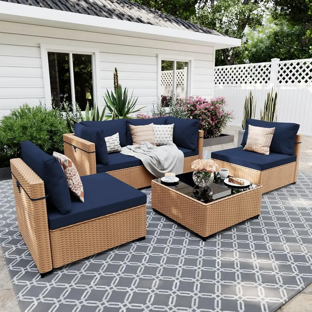 

Outdoor Patio Furniture Set: 5-Piece Sectional Sofa with Wicker, Yellow and Navy Blue Cushions for Decks, Backyards, Gardens