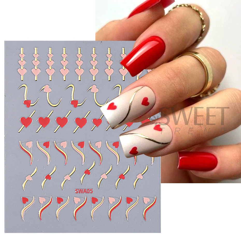 Autocollants pour Nail Art en forme de cœur, ligne ondulée dorée, bande incurvée en métal, Design d'amour noir et rouge, décalcomanies simples sur le thème de la saint-valentin, curseur de manucure