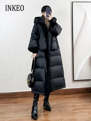 Design Women's Lantern sleeve Long down jacket 2024 Winter Black white Hooded Parthwork coat Warm Parkas Luxury INKEO 3O356