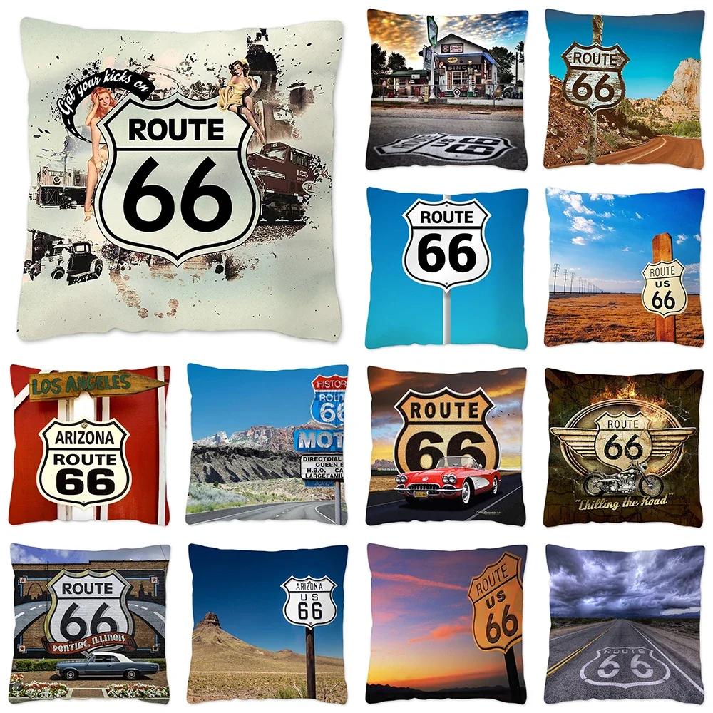 Route 66 Retro Pillow Case Home Decoration Polyester Cushion Cover for Sofa Car Throw Pillow Cover Natural Scenery Funda Cojin