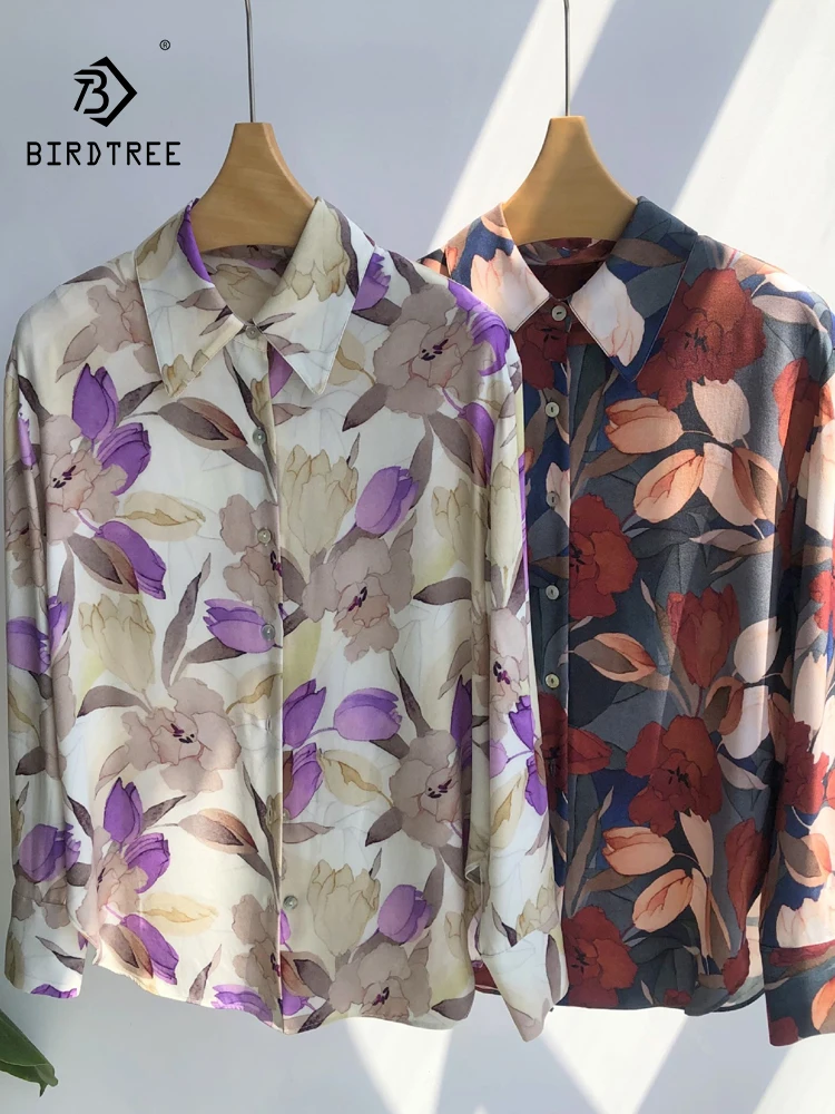 

BirdTree-19 MM 100% Silk Elegant Shirt, Women Long Sleeve Floral Print, French Retro Commute Loose Blouse, 2025 Autumn T58990CC