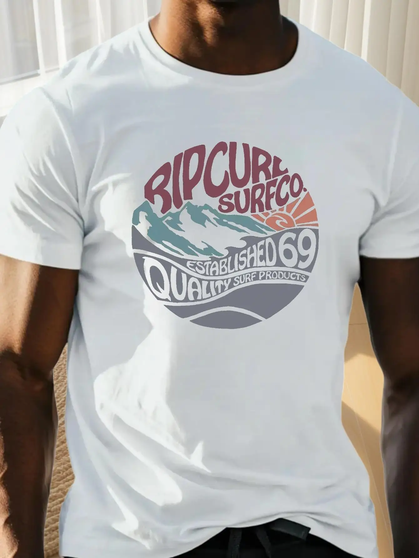 

Mountain Crinkle Plus Size Mens T-Shirt - White RipCure Surfco Graphic Print, Geometric Wave Design, Lightweight Summer