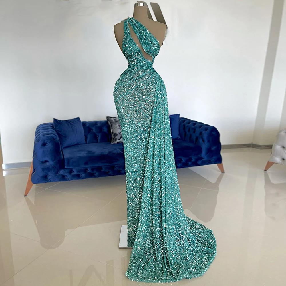 Luxury Prom Dresses 2022 One Shoulder Mermaid Women's Prom Gown Long Sleeveless Beading Sequins Peals Wedding Party Dresses