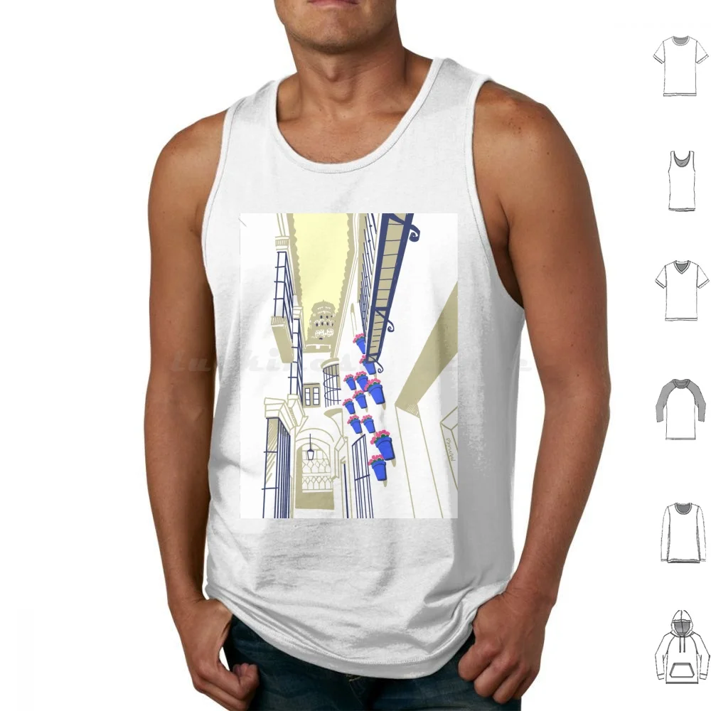 Andalusian Street Tank Tops Print Cotton Spain Street White Original Vintage Modern Illustrated Hand