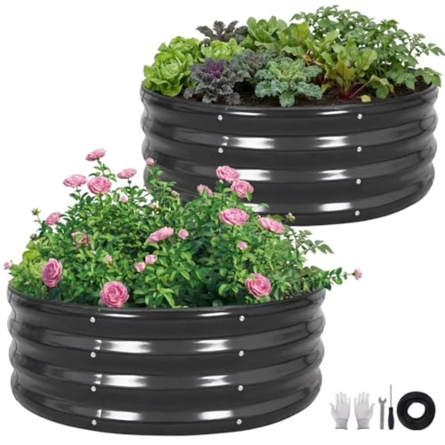 

Набор из 2-х круглых металлических приподнятых грядок для сада, 3x3x1 фут, оцинкованная сталь, для овощей, фруктов, цветов, серый цвет