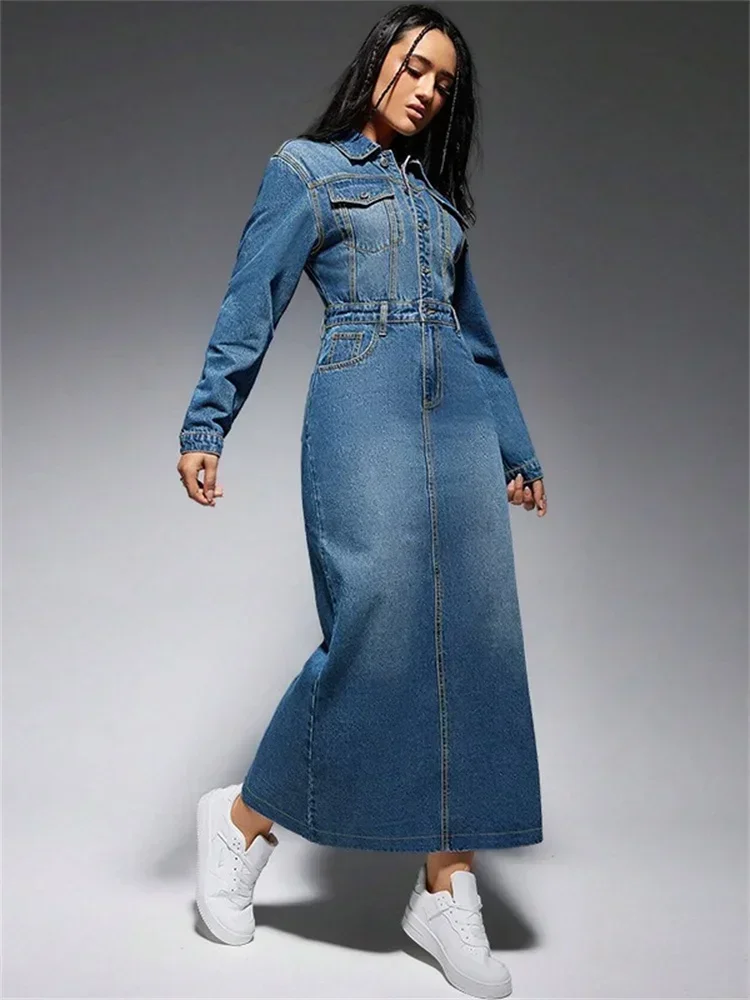 Wmstar Denim Dresss Women Sexy Button Bodycon Maxi Fashion Slip Hem Pockets Maxi Dressers Wholesale Dropshipping New Style