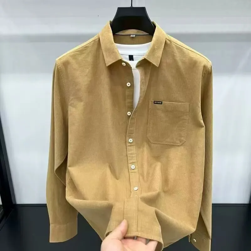 Business Casual Corduroy Long Sleeve Shirt Men's Loose Fit Turn-down Collar Workwear Jacket Autumn Winter Youth Polyester Fiber