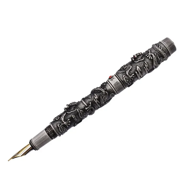 Jinhao Metal Fountain Pen Chinese style Dragon design Gray 18KGP M Nibs Vintage Heavy Pens business Office Signature Stationery