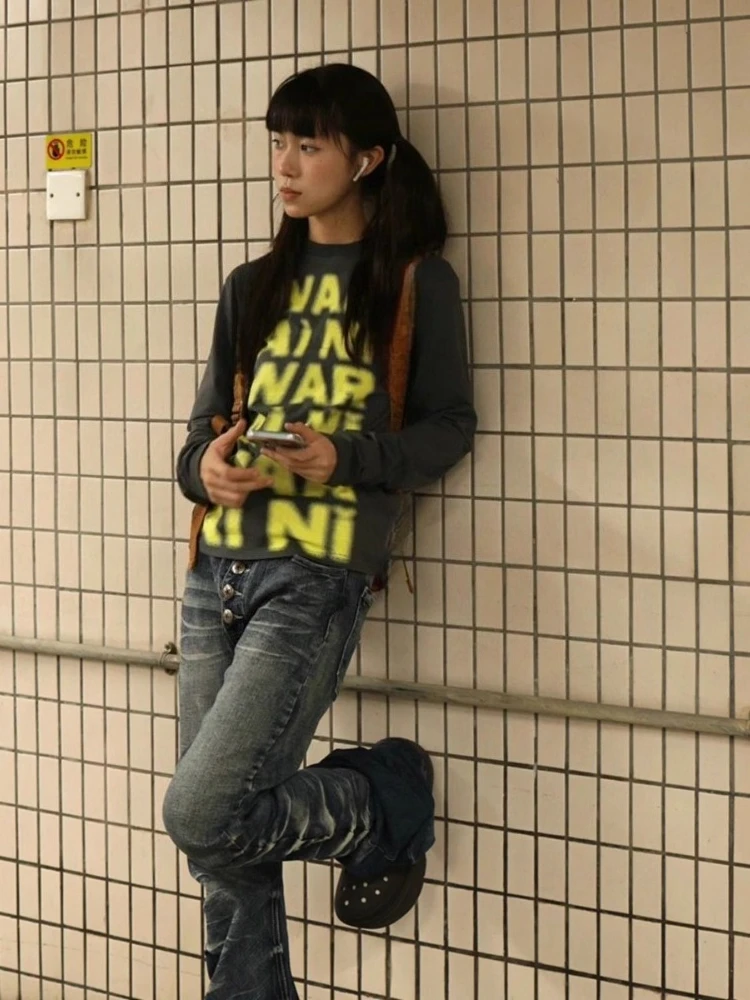 เสื้อยืดพิมพ์ลายสไตล์ Y2K แนวสตรีทแวร์ ผู้หญิง พังก์ ทรงเข้ารูป ปี 2025 ฤดูใบไม้ร่วง ฮาราจูกุ กรันจ์ วินเทจ