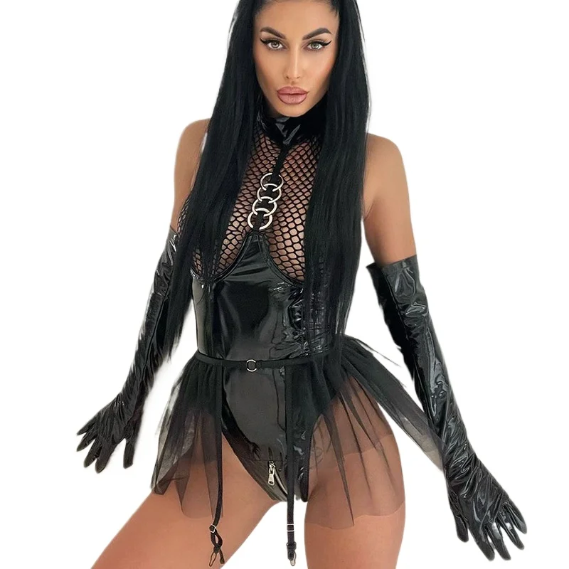 

Женское белье: Боди из черной лакированной кожи с сетчатыми вставками, тюлевой юбкой с O-образным кольцом и перчатками для косплея, ролевых игр, будуара и клубных вечеринок