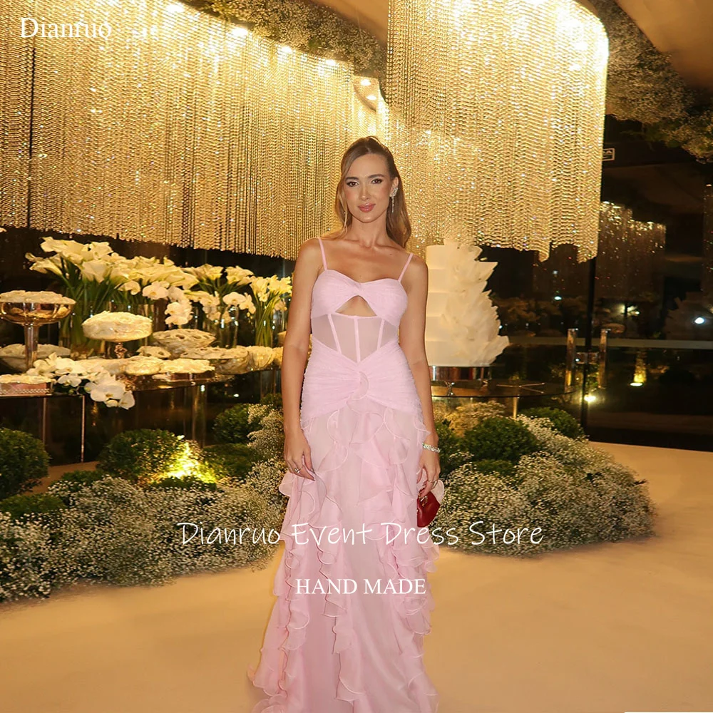 

Dianruo Spaghetti Strap Illusion Evening Dresses Cut Out Ruffled Robe De Soirée Femme Graceful Pink Vestidos De Festa Customized