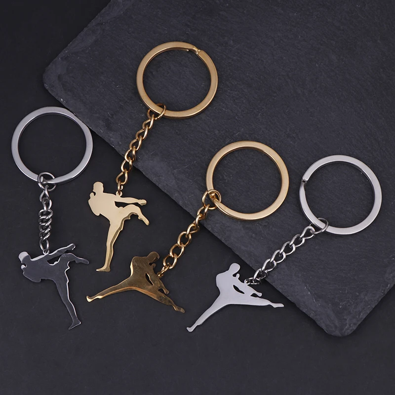 1pc Titanium Steel Sports Charm Karate Jiu Jitsu Keyring Taekwondo High Kick Keychains For Men Jewelry Male Boys Gym Gifts