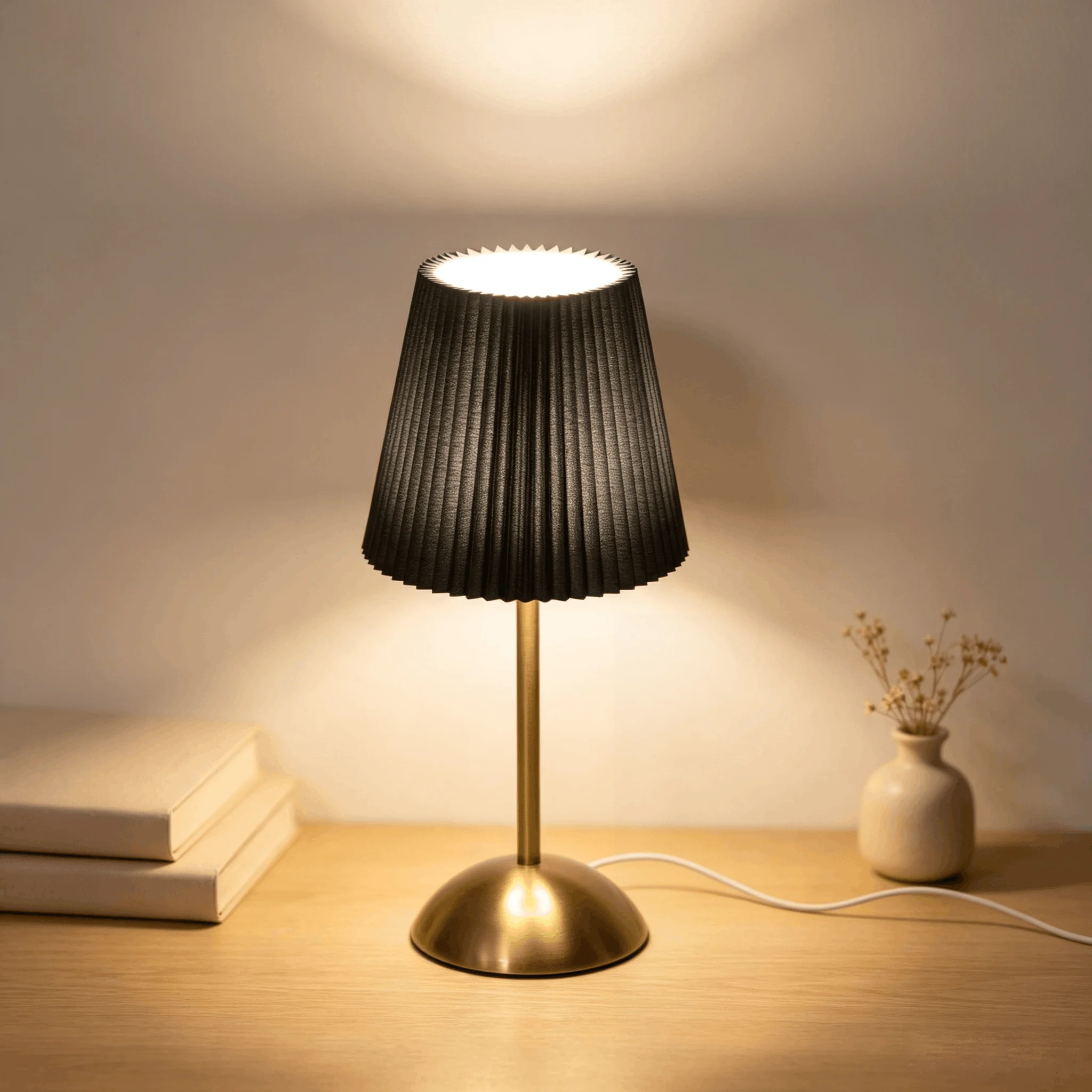 Black Pleated Table Lamp, Gold Metal Base USB Bedside Lamp, Modern Aesthetic Decor Night Light for Bedroom Side Desk