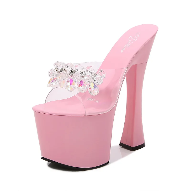 Summer 20CM Extreme High Heels Crystal Rhinestones Sandals Transparent Runway Model Chunky Heel Party Wedding Evening Shoes
