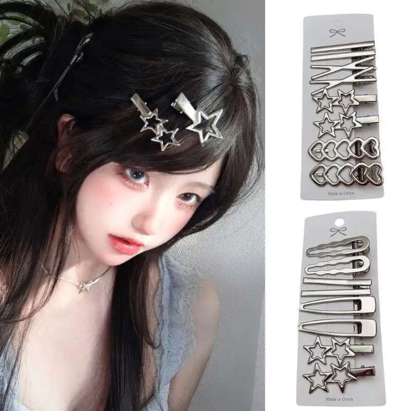 

Korean 8pcs Metal Silver Hair Clips Girls Spicy Girl Bang Side Clip Geometric Fashion Barrettes Headwear Women Hair Accessories