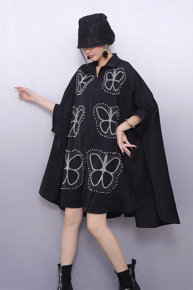 2025 Autumn Winter Elegant Women Casual Loose Butterfly Embroidered Cloak Shirts Short Dresses Female Dress Wholesale J2119