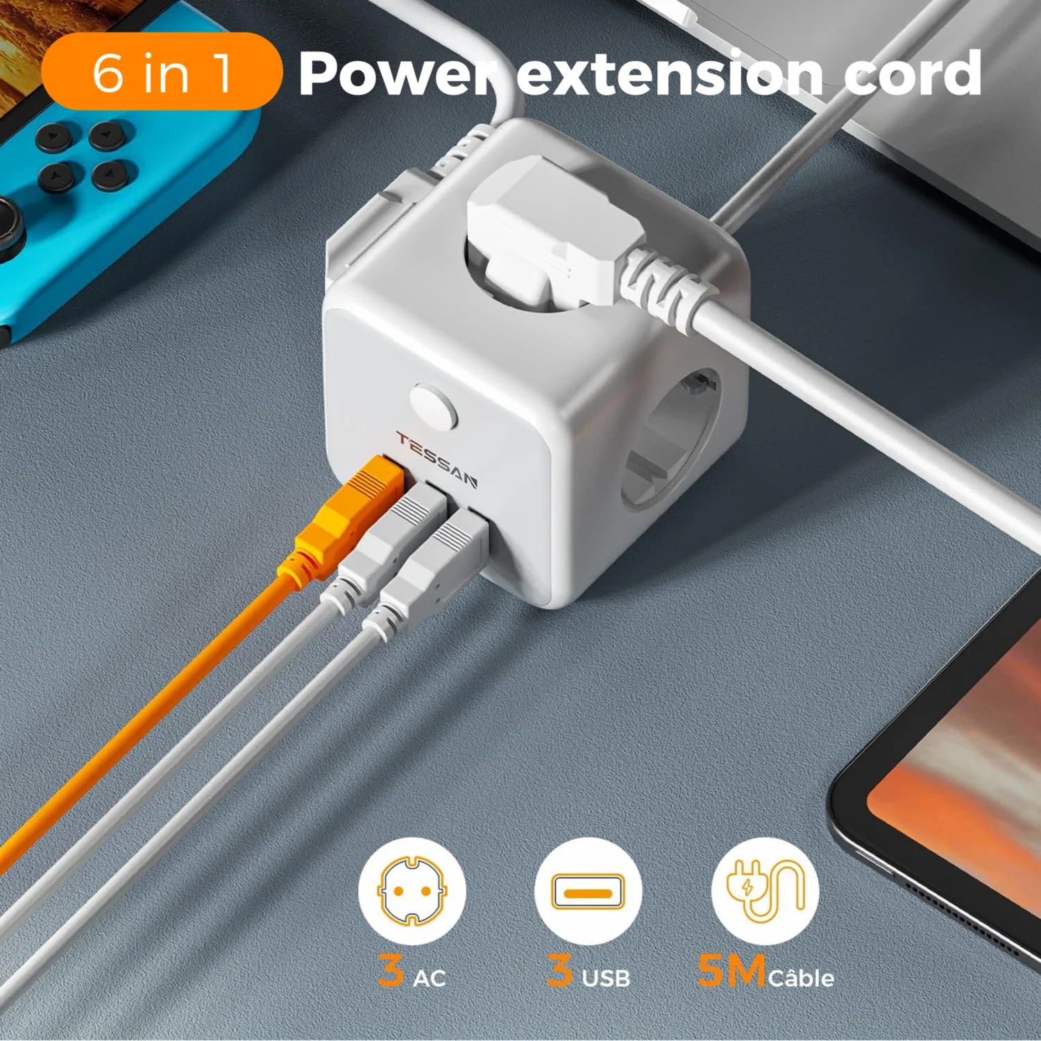 TESSAN Multiple Socket Power Strip with 3 Outlets 3 USB EU Plug Cube Electric Socket with Switch 1.5M Extension Cable for Home