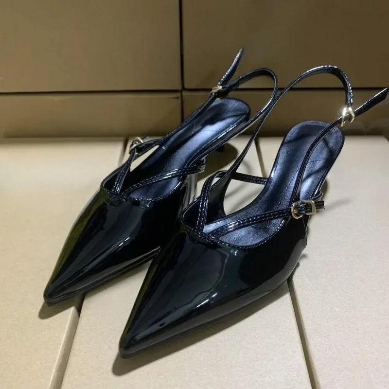 

Элегантные женские туфли на высоком каблуке с острым носком для вечеринок, дизайнерские черные летние офисные женские сандалии с узким ремешком и пряжкой на пятке