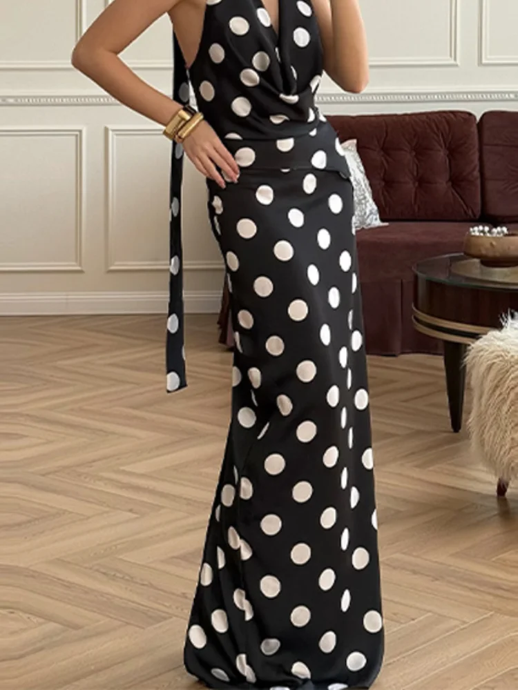 

﻿Chic Polka Dot Ribbon Women Skirt Set Cowl Neck Halter Backless Top Hip Package Long Skirts Summer Holiday Two-Piece Outfits
