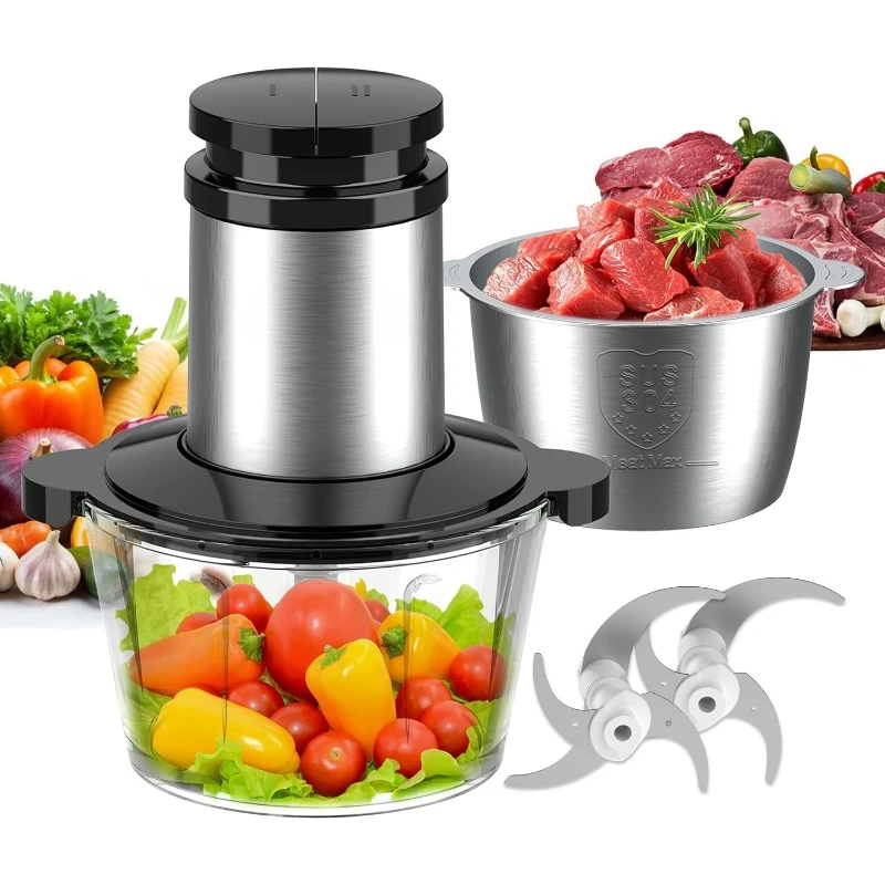 Food Processor - 500W Powerful Motor Electric Meat Grinder, 2 Stainless Steel Bowls (8 Cup Each)