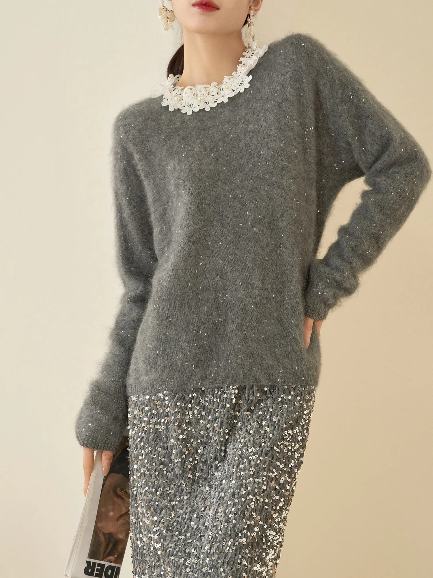 

Flowing Era Lace Trim Sequin Lazy Sle Camere Sweater Women's Loose Fit Comfortable Long Sve round Ne Warm Top