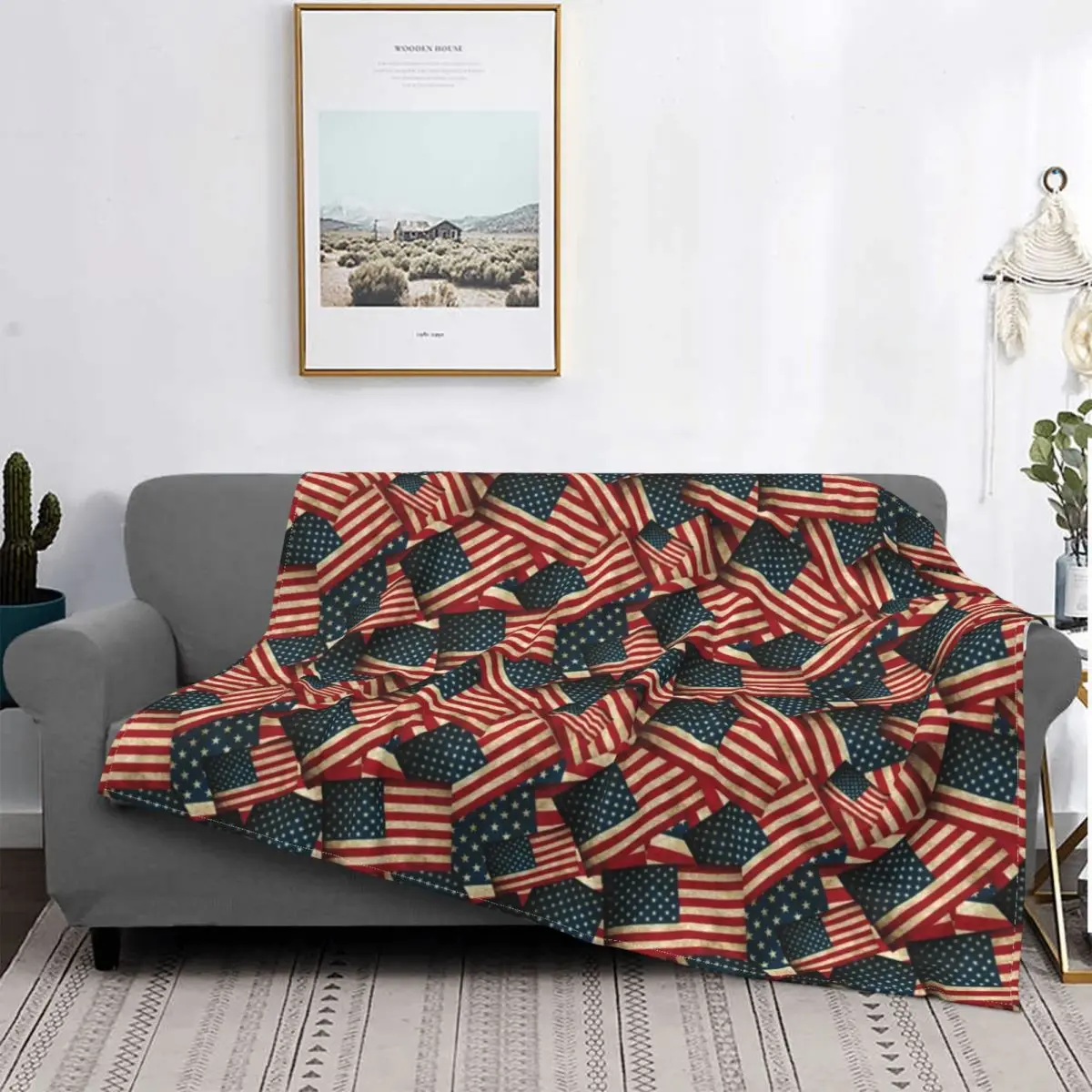 Patriotic Grunge Style American Flag Blanket Fleece Lightweight Thin Throw Blankets for Airplane Travel Bedspread