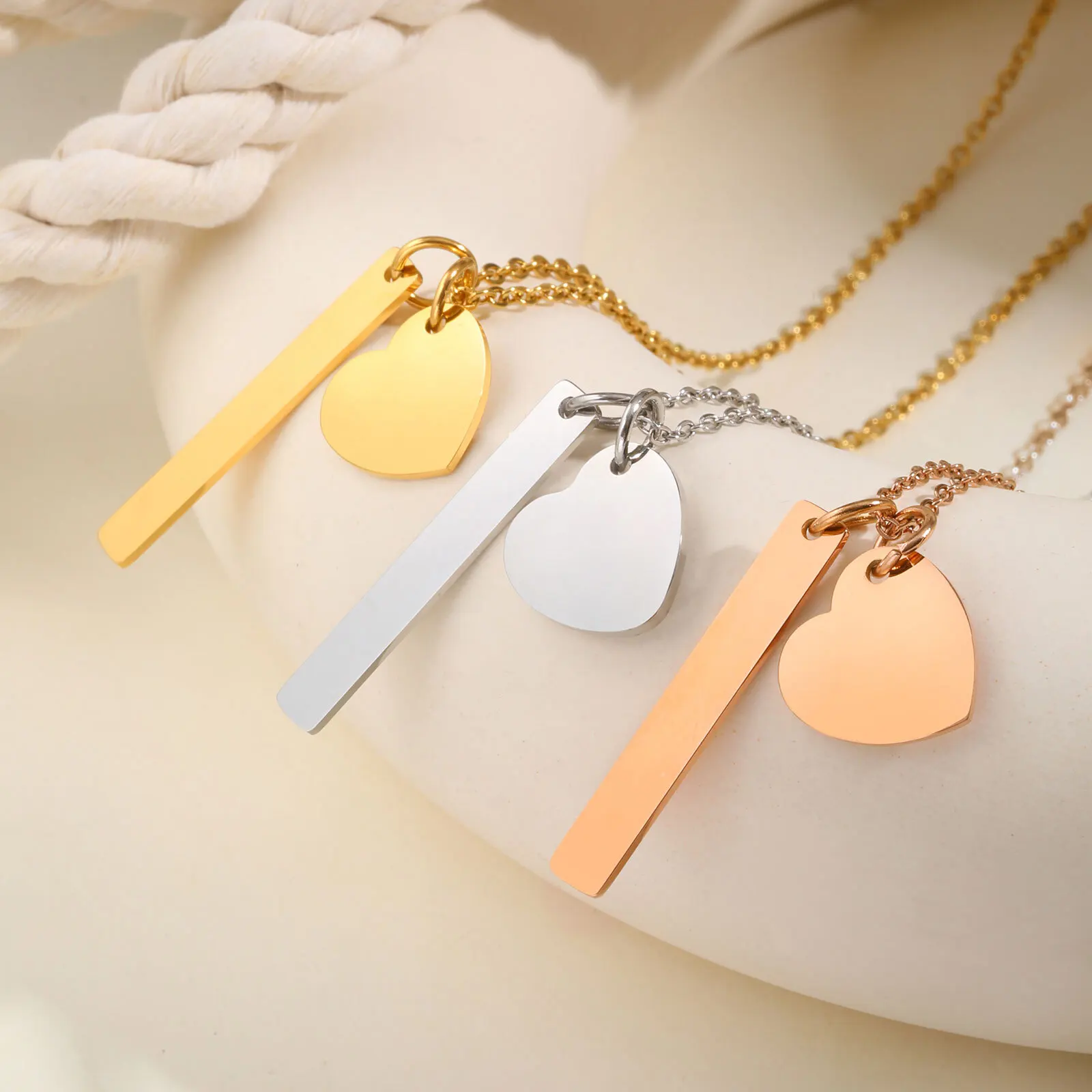 Vnox Stainless Steel Geometric Pendant Necklace For Women Free Engraving Heart Rectangular Nameplate Accessories Custom Jewelry