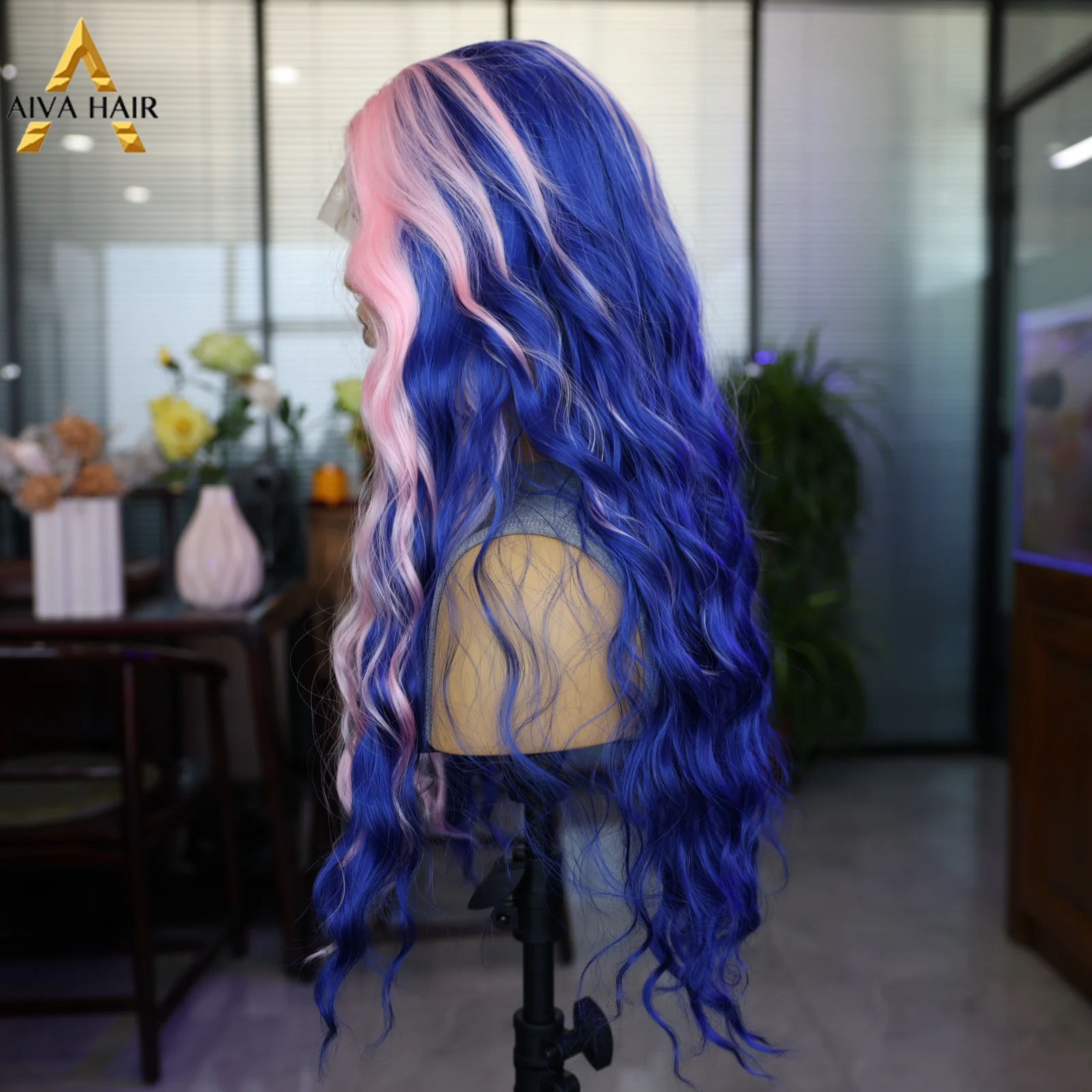 Peluca de encaje sintético de 24 pulgadas, pelucas onduladas de colores mezclados en rosa y azul, peluca de Cosplay de moda para mujer, línea de cabello Natural de 180 de densidad