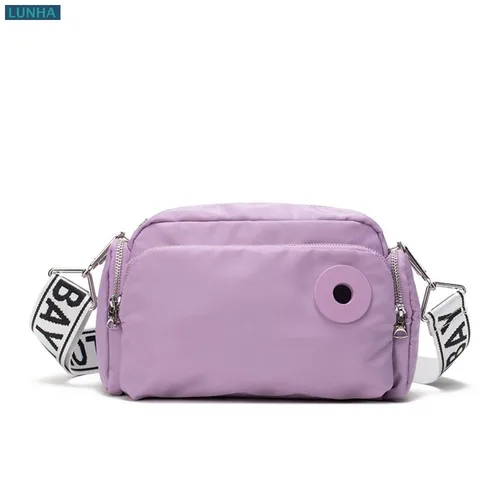 Bolso bandolera con bolsillo de nailon medio negro para mujer, bolsos de hombro con estampado de letras y cremallera interior