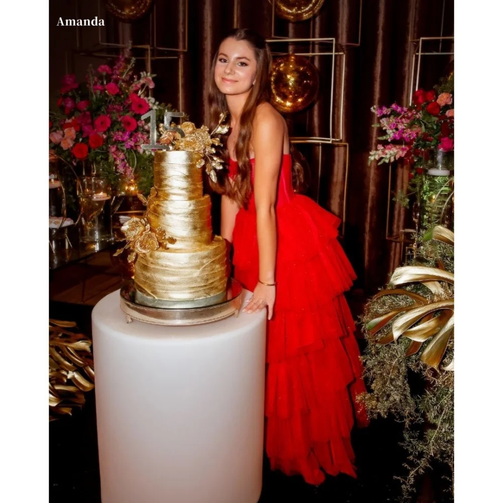 

Amanda Customized Red Multi-Layered A-line Prom Dresses Side Slit Mesh Fabric vestidos de noche Floor-Length Formal Evening 2025