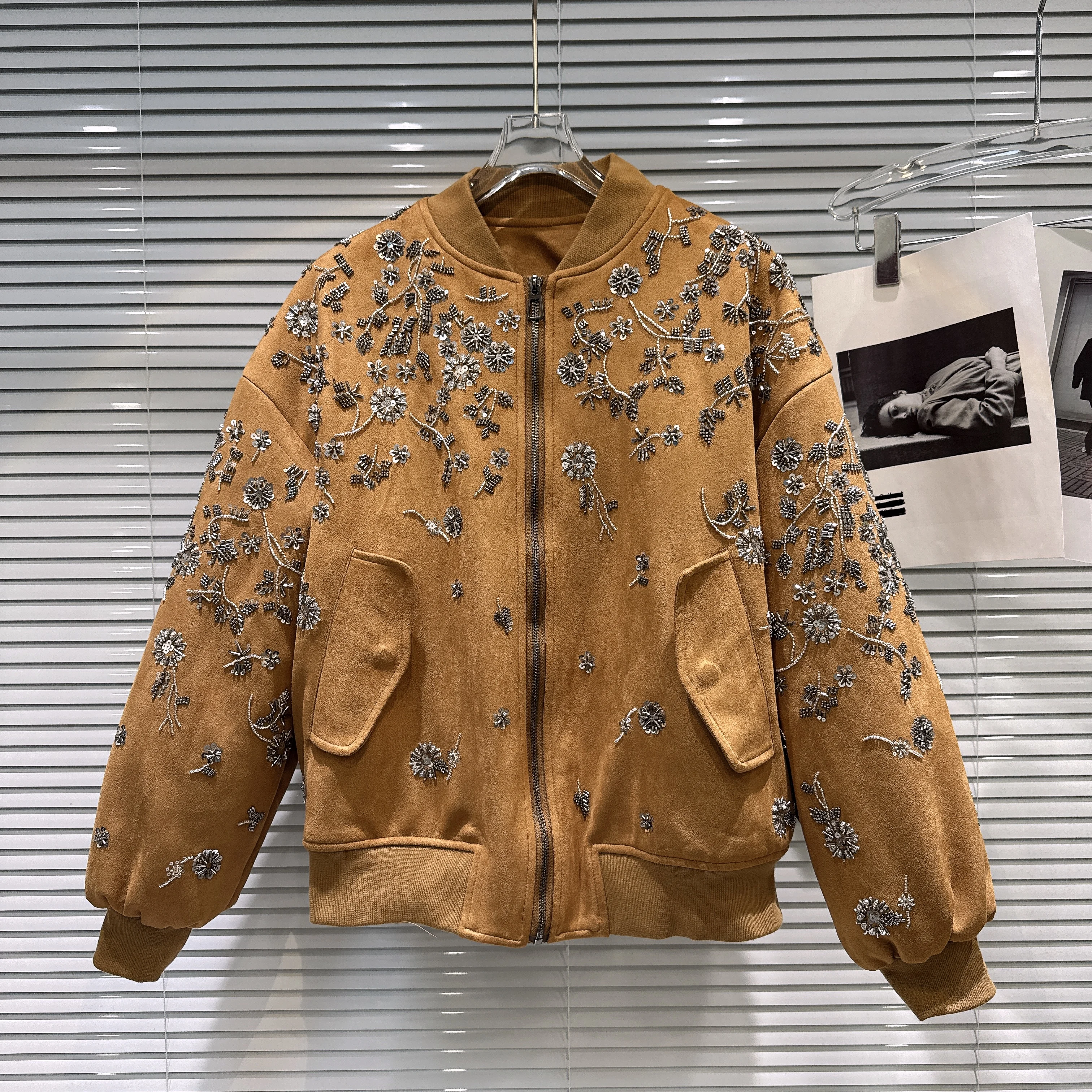 Vintage bordado miçangas camurça feminino algodão-acolchoado casaco oversize gola zip jaqueta de beisebol manga longa casacos acolchoados