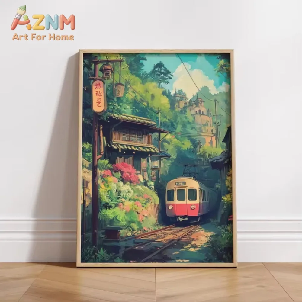 

Постер на холсте в аниме-стиле: Поездка на поезде, японский поезд, природный пейзаж. Настенный декор для современной комнаты, спальни, домашнего интерьера.