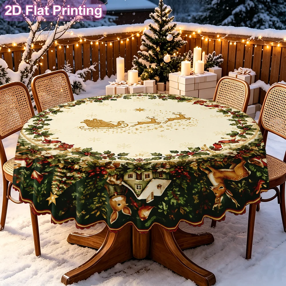 1-Piece Santa Sleigh Reindeer Wreath Printed Tablecloth, Holiday Table Cover, Suitable for Family Dining Kitchen Decor
