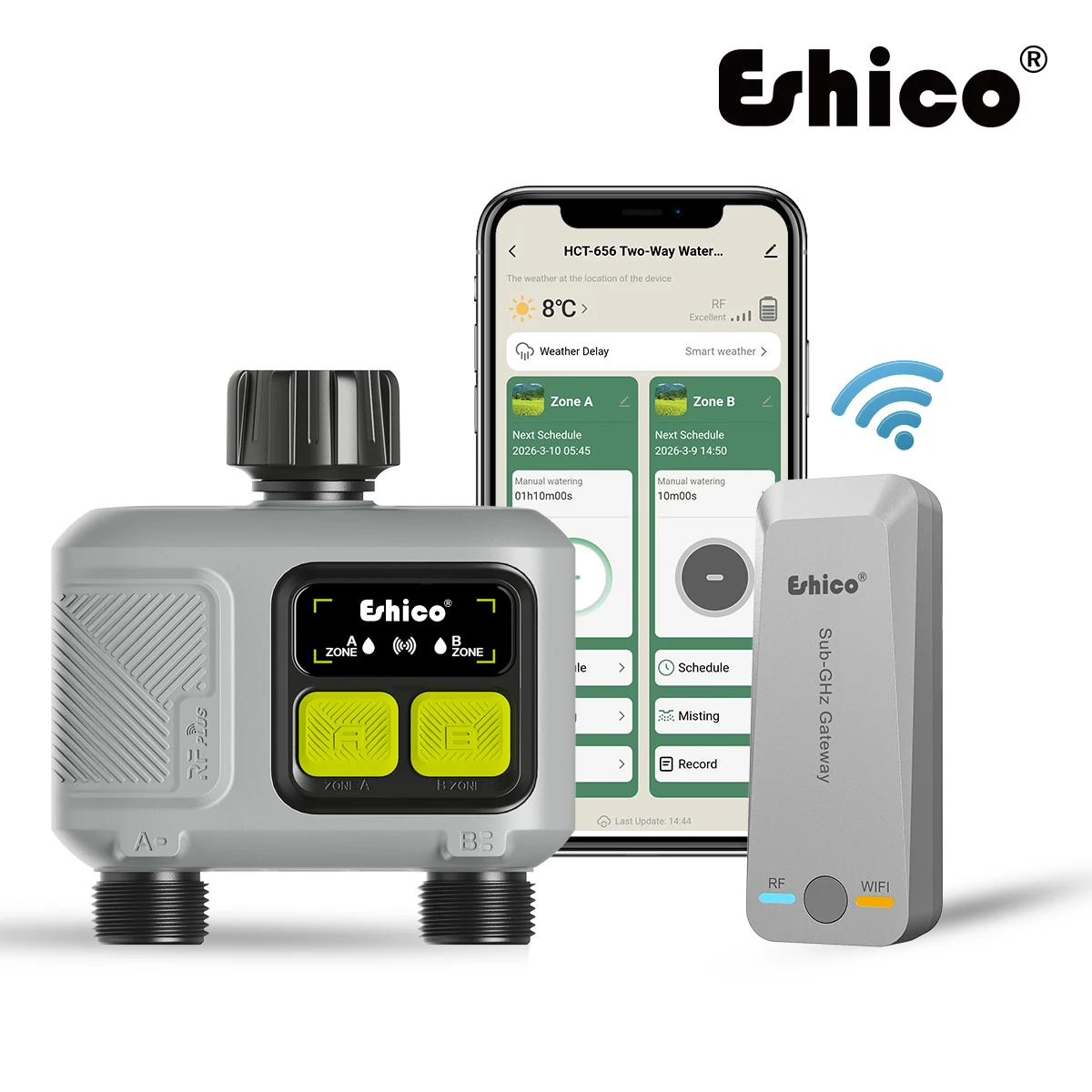 Eshco RF433 Wireless 2-Zone Smart Water Timer with  Gateway Socket for Lawn/Plant/Vegetable Garden Automatic Watering System