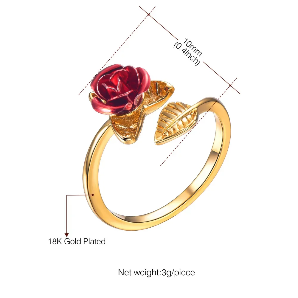U7 Leaf and Red Rose Flower Open Rings Cuff for Women Flower Charm Adjustable Size Love Romantic Birthday Jewelry GIft for Her