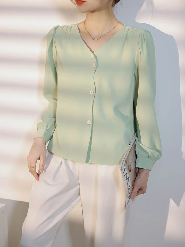 

Vintage Chiffon Shirt Femme Blouses V-neck Loose Cardigan Top Spring Autumn Woman Clothes Blous OL long Sleeve Female Shirts