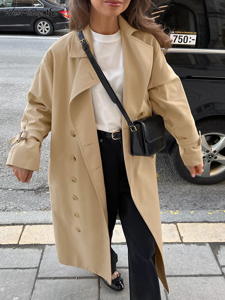 Mnealways18 Khaki Fashion Women Windbreaker Double-Breasted Casual Long Outerwear Spring 2025 Ladies Office Loose Jacket Classic