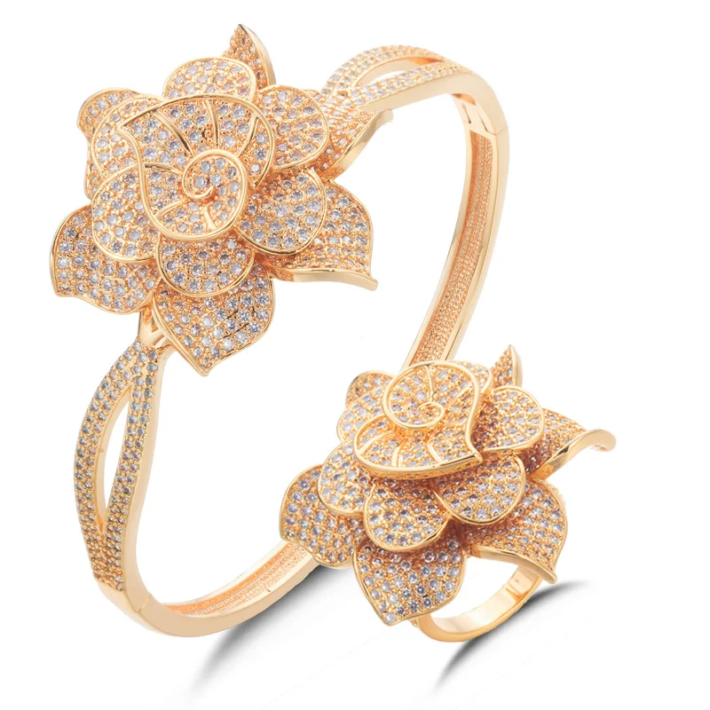 ThreeGrace Shiny Micro Cubic Zirconia Paved Large Flower Shape Bangle and Ring Set for Women Luxurious Party Dress Jewelry JS539