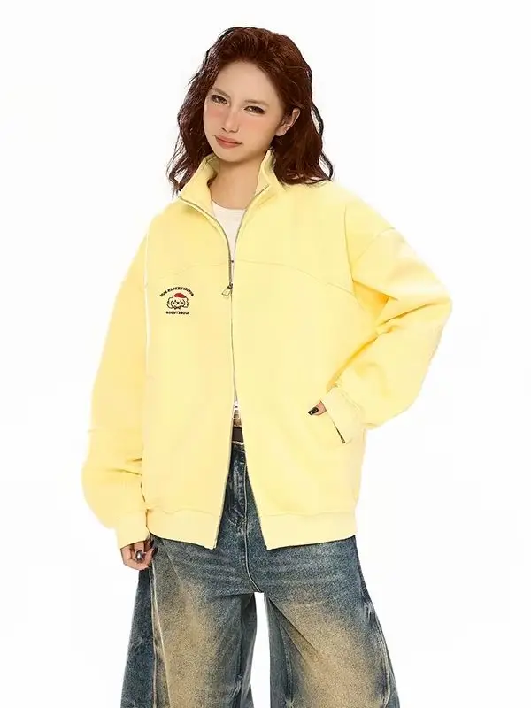 韓国風カーディガンジャケット 秋 オーバーサイズ カレッジカジュアル スタンドカラー 長袖 無地 ルーズスウェットシャツ 多用途ウェア