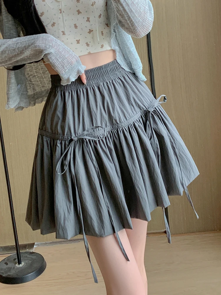 Spring Summer Models Solid Color Commuter Bustier White Bow Elastic Waist Skirt Casual High Waist Temperament Elegant Skirts