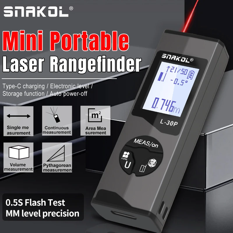 Mini Laser Rangefinder Digital Tape Measure Laser Ruler Aluminum Alloy USB Fuselage Measuring Distance: 30/50M Electronic Level
