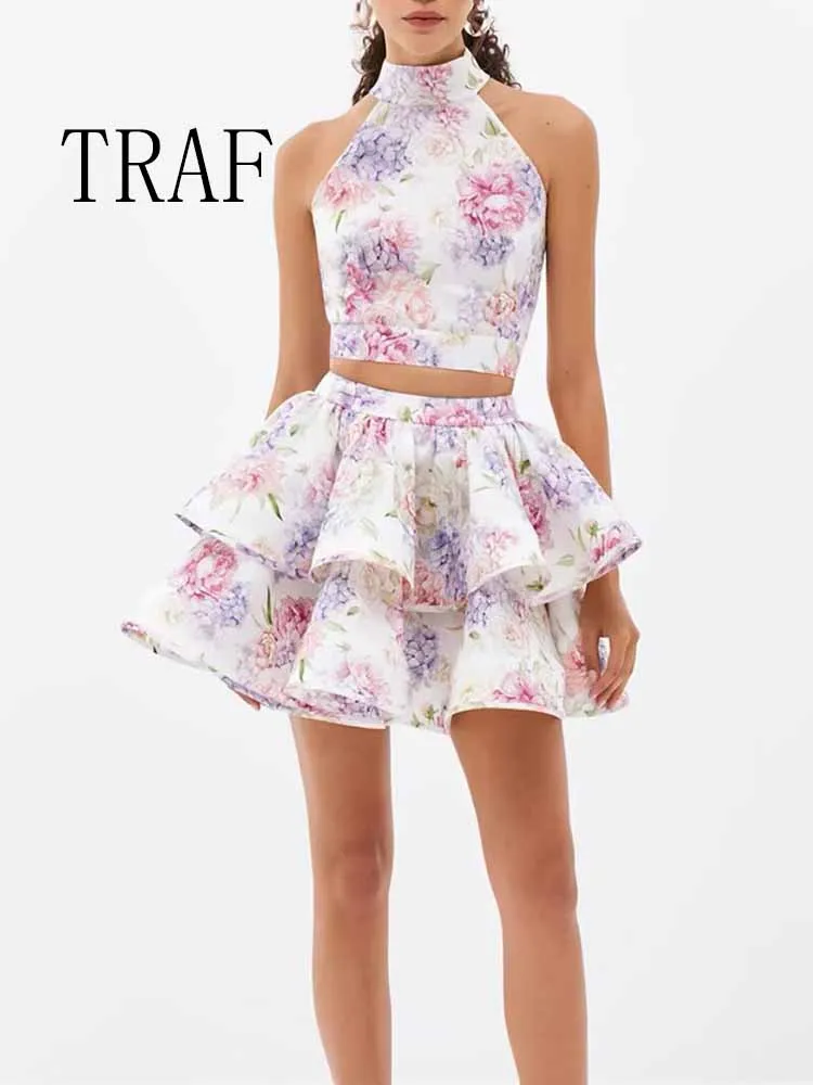 

TRAF European and American style women's clothing new style fashion halter sleeveless short top short floral skirt two-piece sui