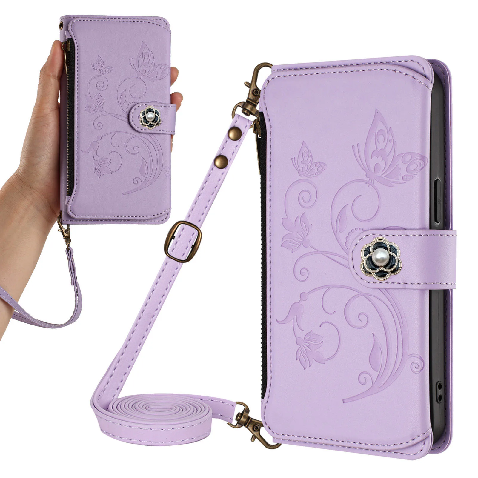 

Butterfly Flower Vine Crossbody Leather Zipper Wallet Case For Nokia HMD Fuison Skyline Pulse Pro Plus Lanyard 5 Card Flip Cover