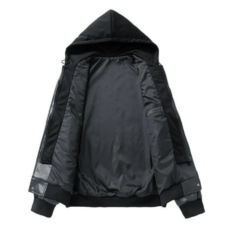 KIDWHXR Autumn Jacket Men Streetwear Solid Patchwork Hooded Coat Man Windproof Long Sleeve Zipper Male Casual Leather Outerwear