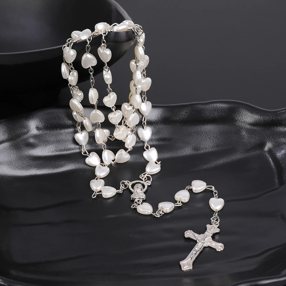 Religiöse Rosenkranz-Halsketten für Damen, rosa, weiße Herzperlen, Kette, Anhänger mit der Jungfrau Maria und Kreuz, Herren-Gebets- und Party-Schmuck, Geschenk – Detail 6