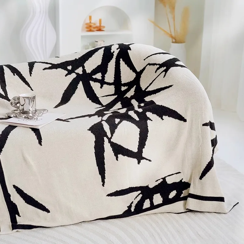 New Chinese Style Blanket Bamboo Leaf Pattern Black White Woolen Blanket Bed Tail Towel Blanket Sofa Blanket Decoration Blanket